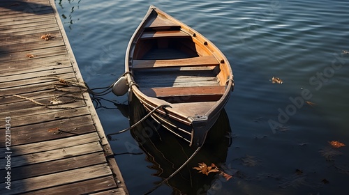 A small dinghy or rowboat is securely tied to a wooden dock in a peaceful natural waterside setting  The calm waters reflect the surrounding environment creating a serene and tranquil atmosphere