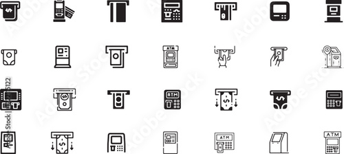 atm machine icon set, atm, money, business, technology, cash, currency, machine, withdraw, finance, deposit, banking, transaction, bank, debit, financial, automatic, credit card, withdrawal, terminal.