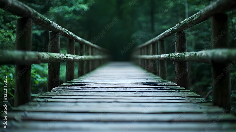 Fototapeta premium Wooden walkway bridge winding through a lush green mangrove forest creating a peaceful and eco friendly path for sustainable tourism and nature