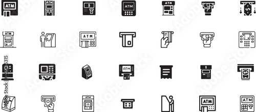 atm machine icon set, atm, money, business, technology, cash, currency, machine, withdraw, finance, deposit, banking, transaction, bank, debit, financial, automatic, credit card, withdrawal, terminal.