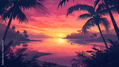 A tropical beach at sunrise with vivid pink and orange skies reflecting on the water. Palm trees silhouette the scene adding to the harmonious tropical vibe 
