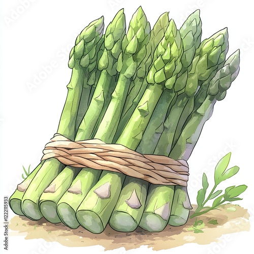 A bunch of fresh green asparagus tied with twine on a brown background.