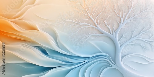 Frozen Tree Background. Elegant White Tree with Delicate Branches Over Flowing Abstract Shapes in Soft Winter Colors. Ideal for Fantasy, Nature, and Holiday Designs. AI generated