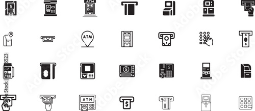 atm machine icon set, atm, money, business, technology, cash, currency, machine, withdraw, finance, deposit, banking, transaction, bank, debit, financial, automatic, credit card, withdrawal, terminal.