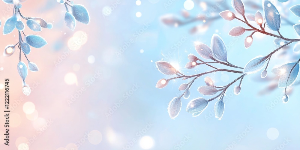 Glowing Frosty Branches with Soft Bokeh Background. Elegant Frozen Nature with Ice-Like Leaves and Dreamy Lights. Perfect for Christmas, Winter Designs. Magical Seasonal Backdrop. AI generated Glowing Frosty Branches with Soft Bokeh Background. Elegant Frozen Nature with Ice-Like Leaves and Dreamy Lights. Perfect for Christmas, Winter Designs. Magical Seasonal Backdrop. AI generated