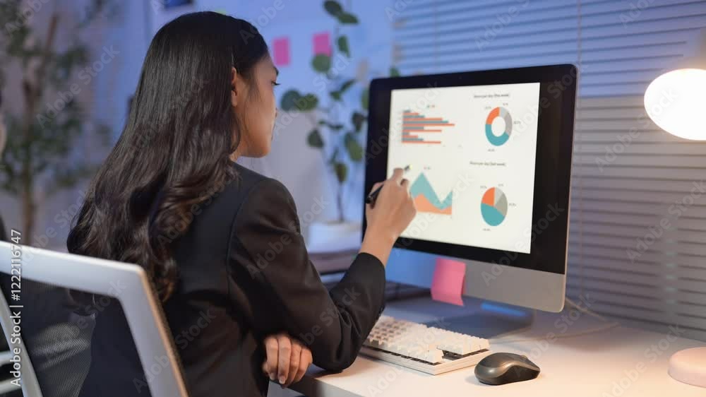 A woman is sitting at a desk with a computer monitor in front of her. She is looking at the screen and she is deep in thought. The room is dimly lit