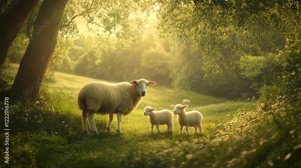 Sheep and lambs, A mother sheep and her two twin lambs in Springtime. A tender moment between mum and her babies in lush green field. East Yorkshire, England. Landscape, horizontal. Space for copy. Sheep and lambs, A mother sheep and her two twin lambs in Springtime. A tender moment between mum and her babies in lush green field. East Yorkshire, England. Landscape, horizontal. Space for copy.