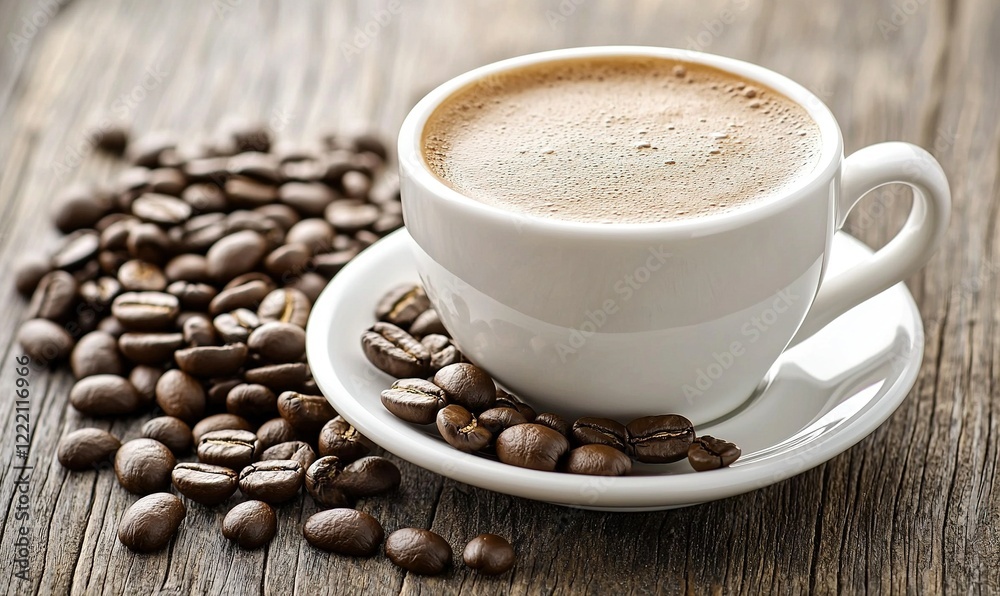 Steaming coffee cup with beans on rustic wood table, perfect for cafe menus or blogs Steaming coffee cup with beans on rustic wood table, perfect for cafe menus or blogs