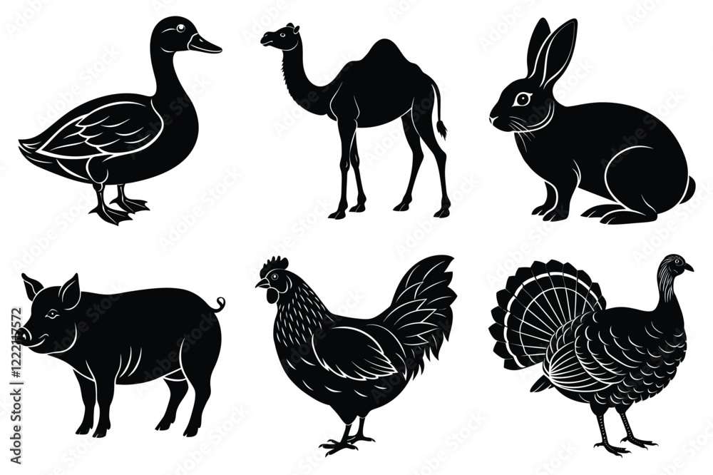 Obraz premium Farm and Domestic Animals set, Animals silhouette collection vector illustration