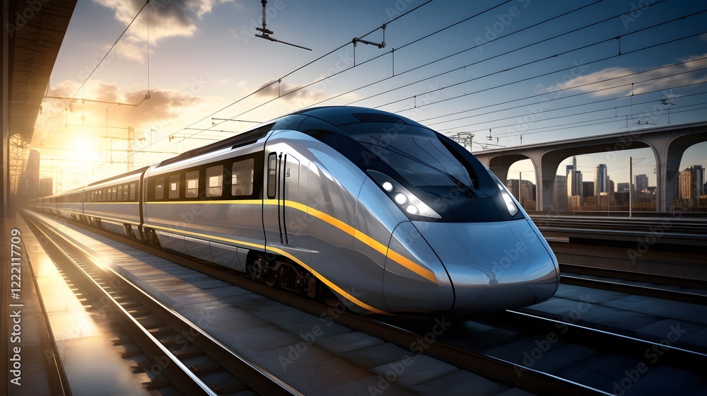 Fototapeta premium A state of the art electric train design showcased on an expansive open track highlighting its streamlined futuristic and sustainable features for modern transportation