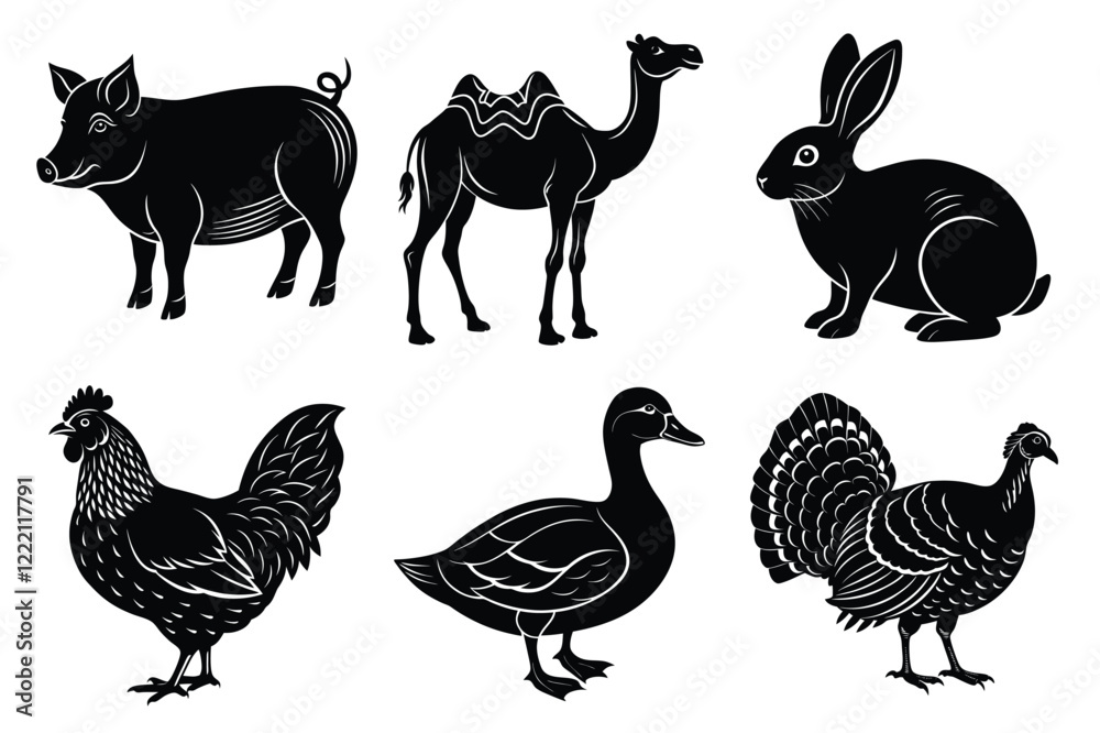 Obraz premium Farm and Domestic Animals set, Animals silhouette collection vector illustration