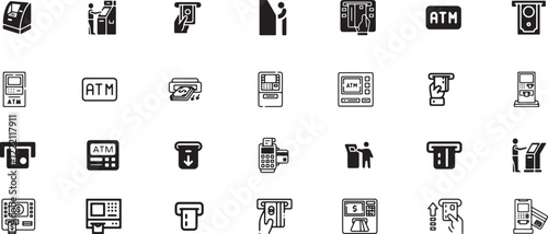 atm machine icon set, atm, money, business, technology, cash, currency, machine, withdraw, finance, deposit, banking, transaction, bank, debit, financial, automatic, credit card, withdrawal, terminal.