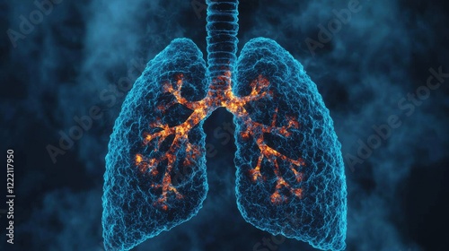 Digital illustration of human lungs showing respiratory system. Highlights anatomy and function of bronchi, designed for medical and educational use. photo