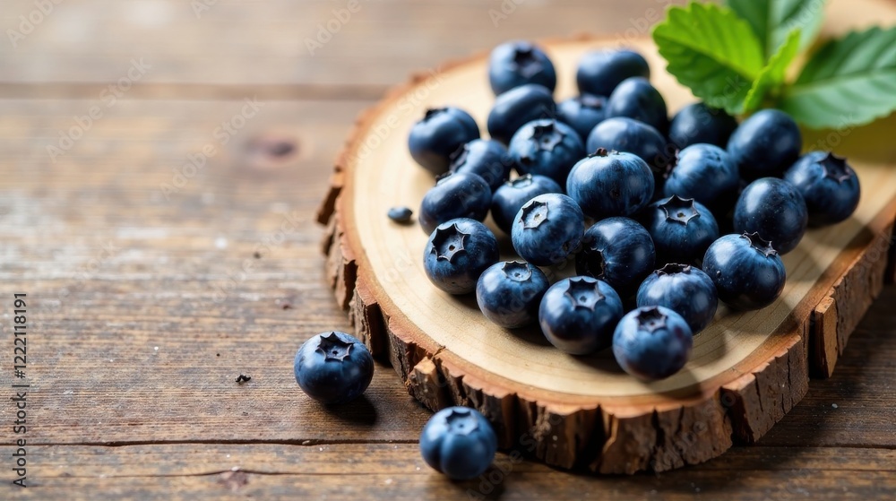 A rustic wooden serving board presents a bountiful collection of plump, ripe blueberries, glistening with a natural dew, nestled amongst vibrant green foliage. A rustic wooden serving board presents a bountiful collection of plump, ripe blueberries, glistening with a natural dew, nestled amongst vibrant green foliage.