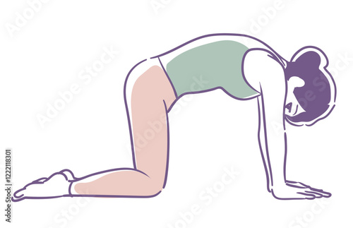 女性のヨガのポーズ。手描き風、ベクターイラスト素材。