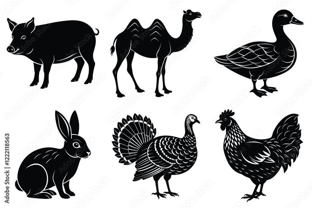 Fototapeta premium Farm and Domestic Animals set, Animals silhouette collection vector illustration