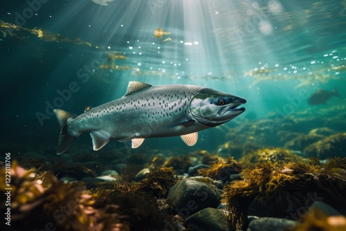 Underwater shot of a salmon actively searching for food among rocks and aquatic plants in a clear river during midday photo