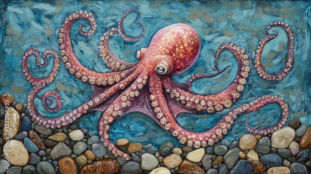 Naklejka premium Close up of a pink octopus and his tentacles, floating in his natural environment with stones and blue blurred background