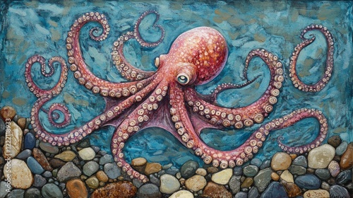 Close up of a pink octopus and his tentacles, floating in his natural environment with stones and blue blurred background photo