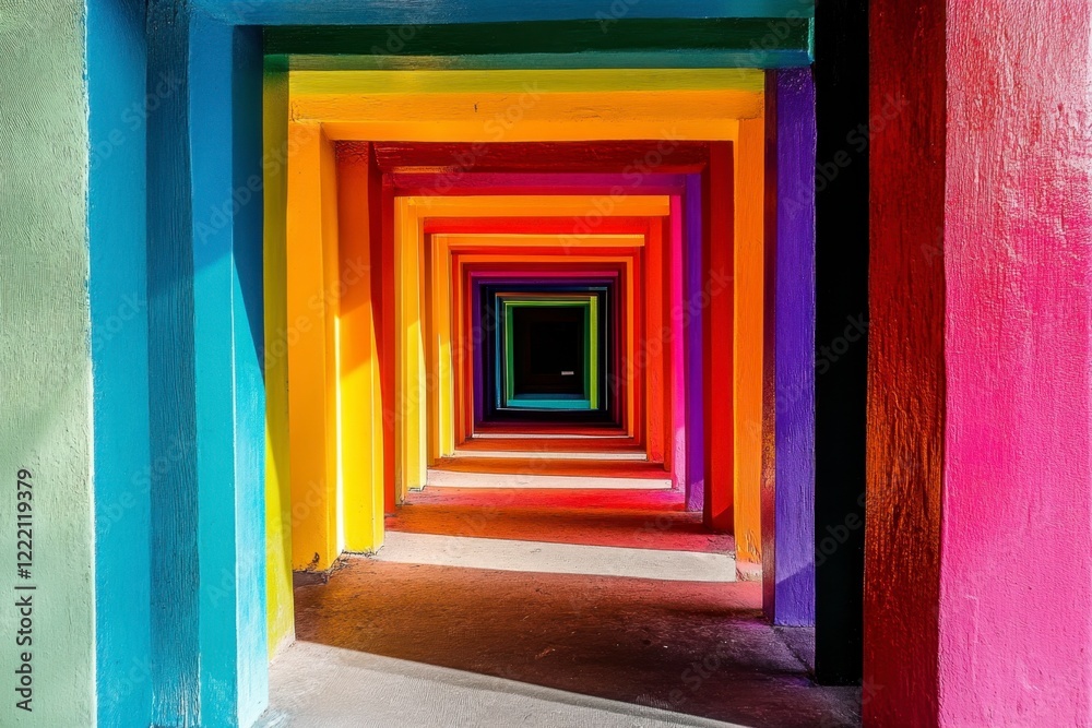 Vibrant Rainbow Tunnel with Colorful Walls and Shadow Play Vibrant Rainbow Tunnel with Colorful Walls and Shadow Play
