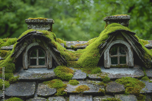 Moss-covered cottage roofs adorned with vibrant greenery showcasing natures beauty and rustic charm creating a serene atmosphere amidst the enchanting landscape of the countryside