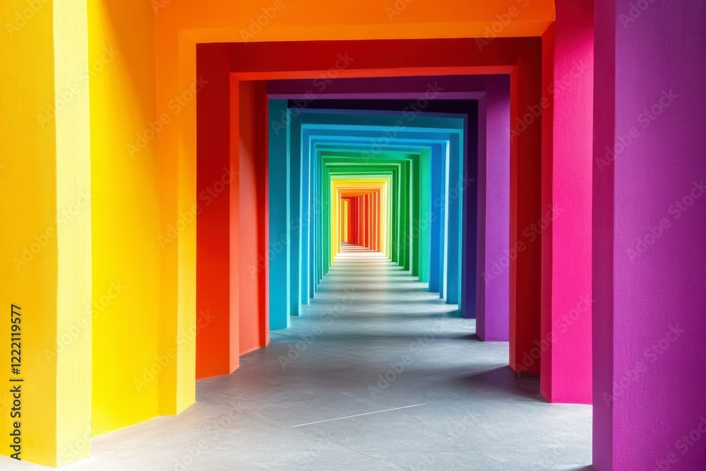 Colorful Passageway with Vibrant Rainbow Frames and Shadows Colorful Passageway with Vibrant Rainbow Frames and Shadows