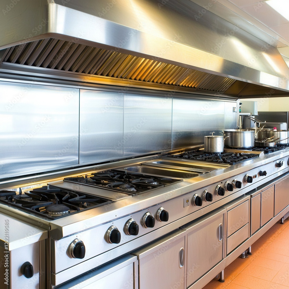 Modern industrial kitchen setup restaurant interior design contemporary wide angle culinary efficiency
