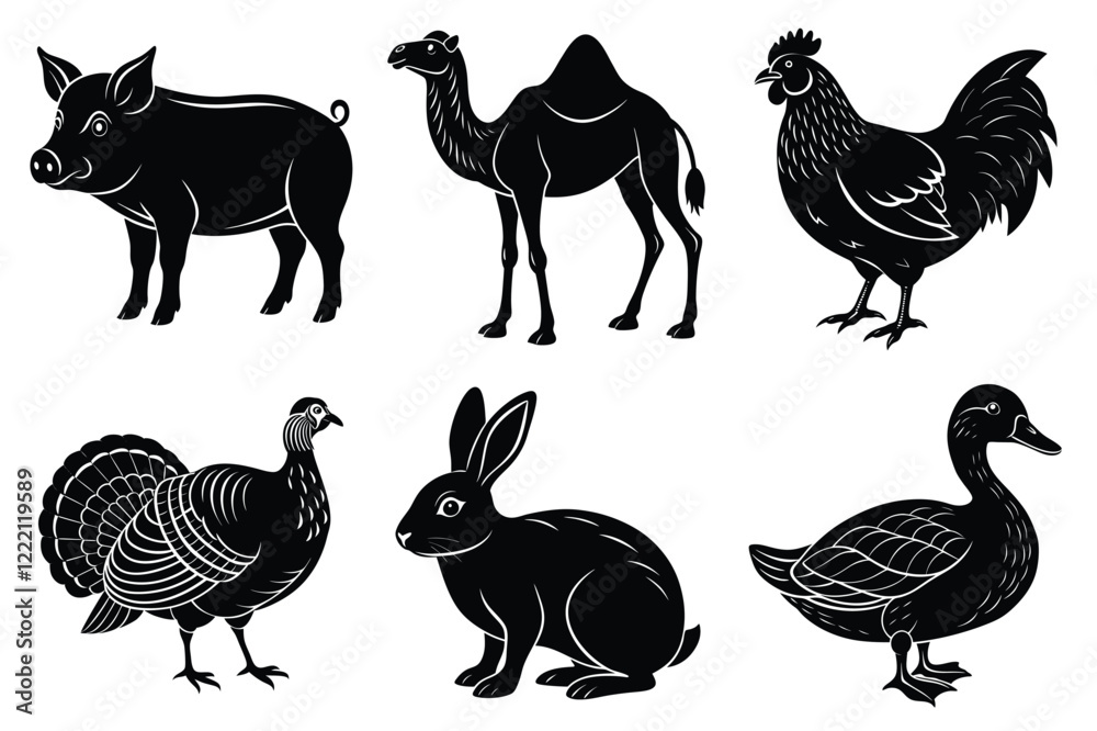 Obraz premium Farm and Domestic Animals set, Animals silhouette collection vector illustration