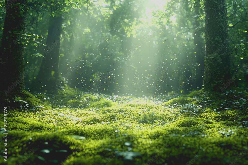 Fototapeta premium Mystical mossy clearings in a lush forest filled with vibrant green grass towering trees and serene natural beauty creating a peaceful and enchanting atmosphere for exploration and discovery
