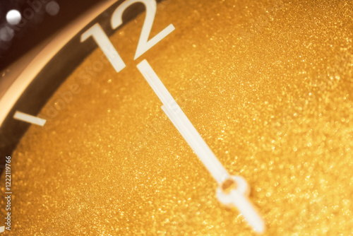 Gold clock, time telling on midnight and bokeh lights. Happy new year.