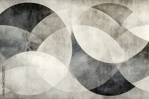 Abstract geometric pattern featuring overlapping circles in grayscale tones with textured background photo