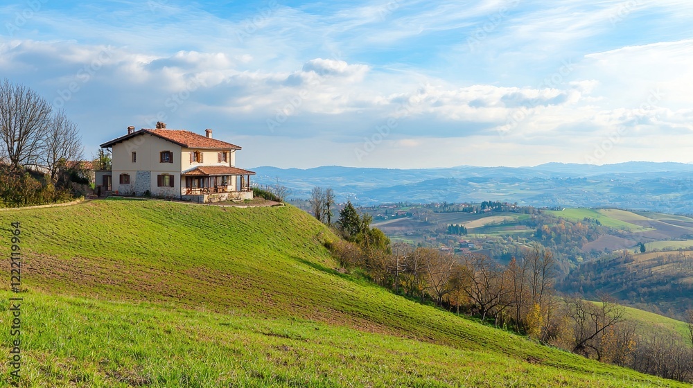 an image of a house perched on a hill, offering panoramic views of the surrounding landscape. an image of a house perched on a hill, offering panoramic views of the surrounding landscape.