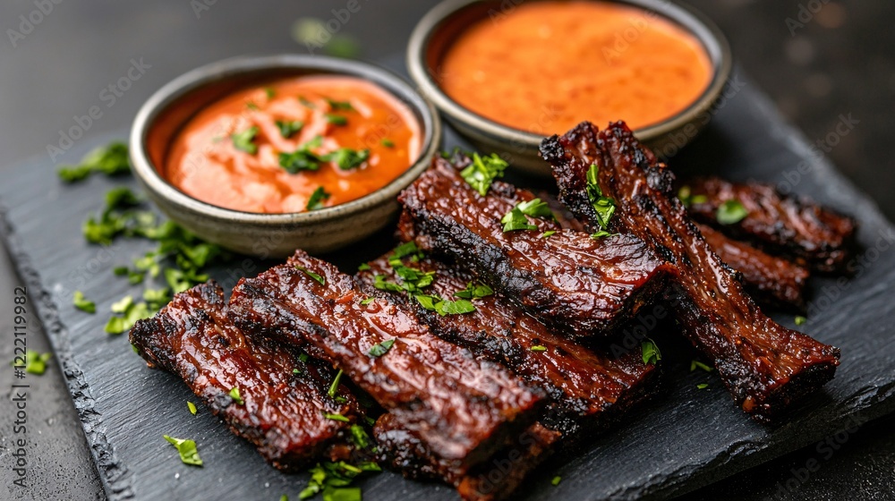 beef jerky concept. Beef jerky pieces on a serving board beef jerky concept. Beef jerky pieces on a serving board