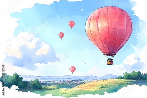 A vibrant watercolor illustration of hot air balloons floating in a blue sky over a green field.