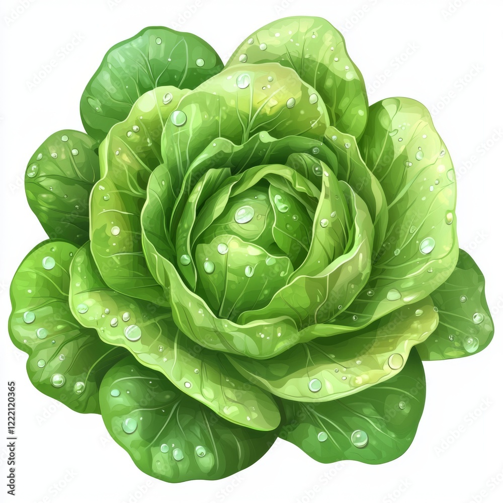 Fototapeta premium Fresh Green Lettuce with Water Droplets, Close-up View of Leafy Vegetable for Healthy Eating and Culinary Presentation