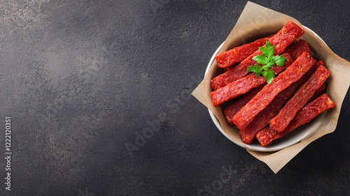 beef jerky concept. Beef jerky sticks in minimalist packaging photo