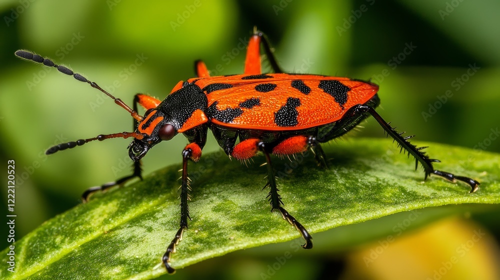 Natural closeup on the red firebug, Pyrrhocoris apterus sitting on a leaf in the garden. Natural closeup on the red firebug, Pyrrhocoris apterus sitting on a leaf in the garden.
