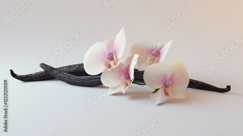 3D realistic vanilla pods and their delicate orchid flowers.