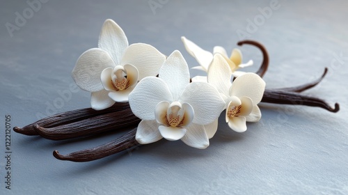 3D realistic vanilla pods and their delicate orchid flowers.