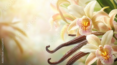 3D realistic vanilla pods and their delicate orchid flowers. The background is a soft, blurred view of a tropical plantation.