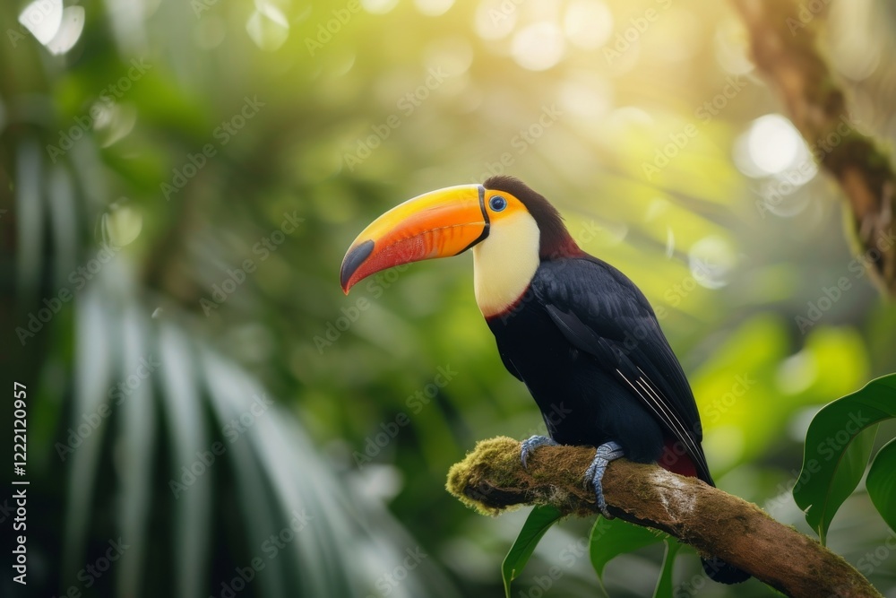 Fototapeta premium A colorful toucan bird perched on a tree branch in a lush tropical rainforest during sunny weather, showcasing its vibrant beak and beautiful plumage