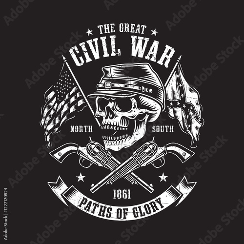 American Civil War Skull Emblem With Flags and Revolvers