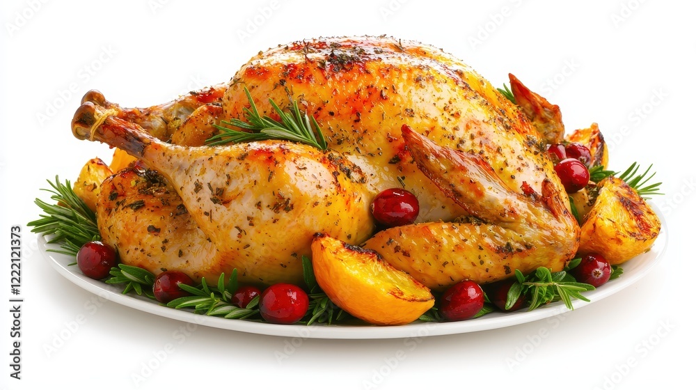 Roasted Chicken with Cranberries Rosemary and Citrus Garnish on White Plate