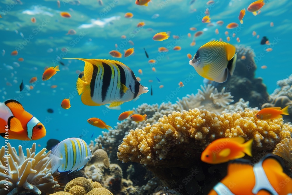 Obraz premium Vibrant tropical fish swim gracefully among colorful coral reefs in a thriving underwater ecosystem during a sunny day in a tropical paradise