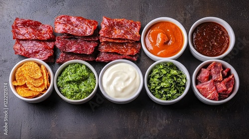 beef jerky concept. Gourmet beef jerky platter with diverse flavors photo