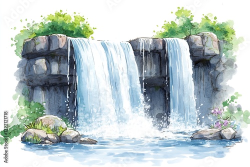 A watercolor painting of a cascading waterfall with rocks and greenery.