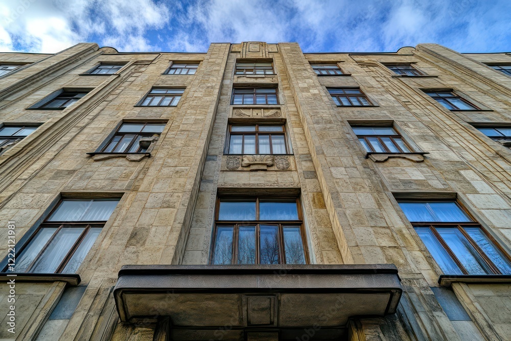 An art deco apartment block with gleaming stone, symmetrical windows, and polished metal elements