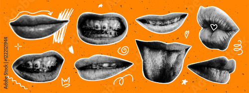 Set of retro halftone mouth and lips with doodle elements. Dotted pop art style. Modern vector illustration.