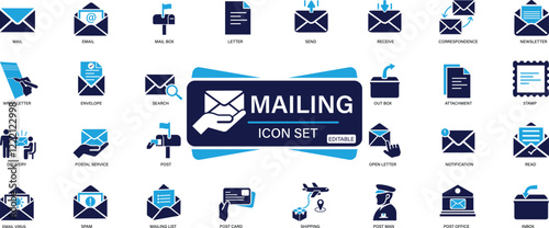  Mailing icon set mail, email, mailbox, letter, send, receive, post office You can easily change the color.