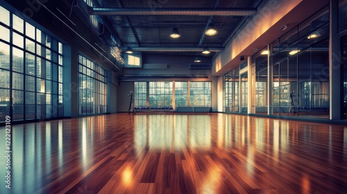 Dance studio with polished wooden floors  full-length mirrors  and a ballet barre under soft ceiling lights.